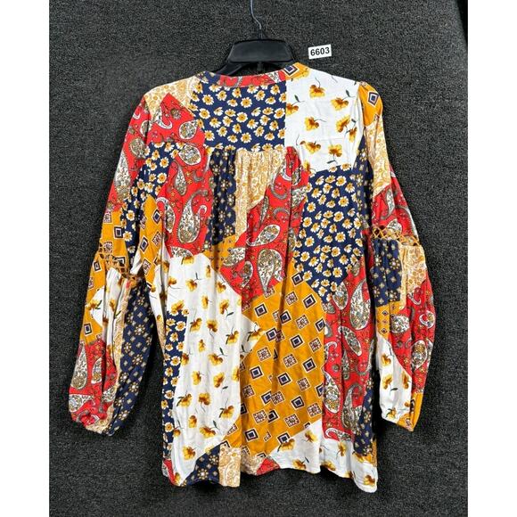 Oddy Peasant Geometric patchwork Floral Tunic Top Womens Sz L Multicolor V-Neck - Picture 2 of 7